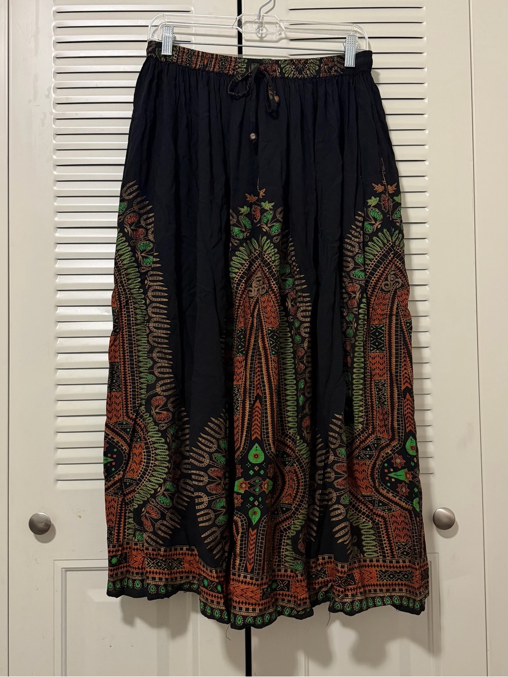 Lapogee Black Boho Maxi Skirt with Green & Orange Tribal Print